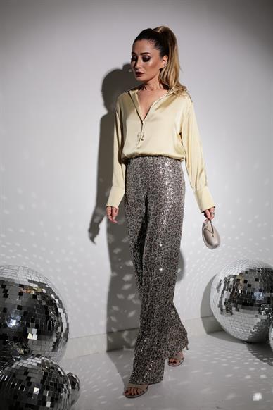 Leopar Desen Payetli Pantolon