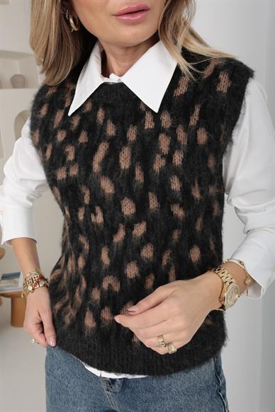 Leopar Desen Sıfır Yaka Süveter