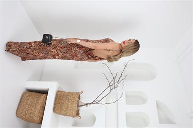 Leopar Desen Sırt Dekolteli Uzun Elbise