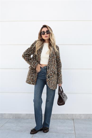 Leopar Desen Tüylü Blazer Ceket