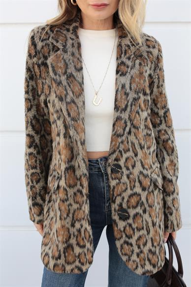 Leopar Desen Tüylü Blazer Ceket