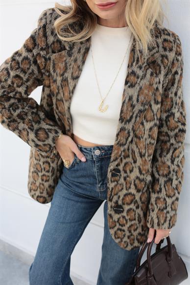 Leopar Desen Tüylü Blazer Ceket