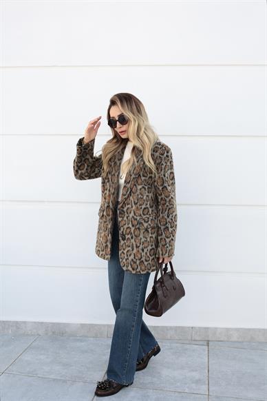 Leopar Desen Tüylü Blazer Ceket