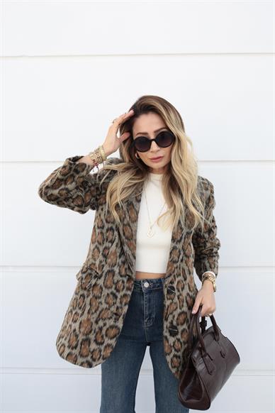 Leopar Desen Tüylü Blazer Ceket