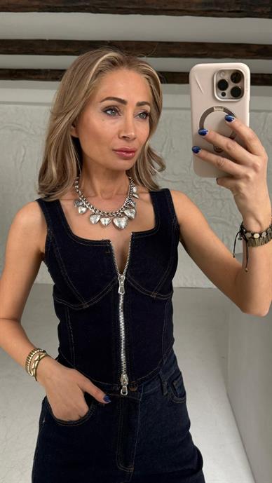 Likralı Lacivert Denim Crop