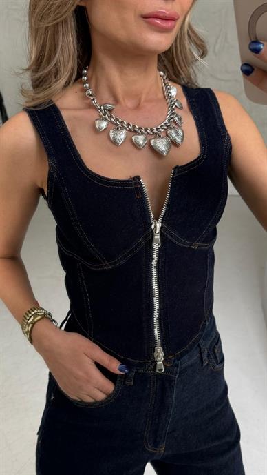 Likralı Lacivert Denim Crop