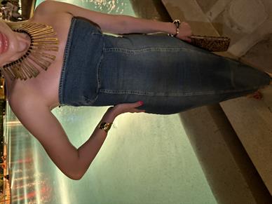 Likralı Straplez Uzun Denim Elbise