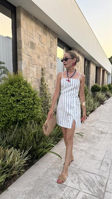 Marin Çizgili Sırtı Lastikli Kısa Elbise