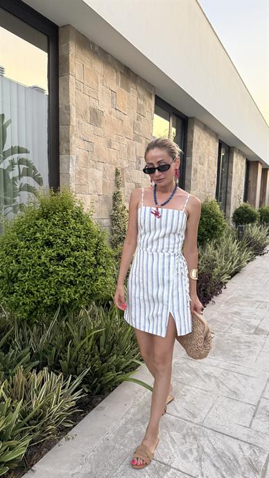 Marin Çizgili Sırtı Lastikli Kısa Elbise