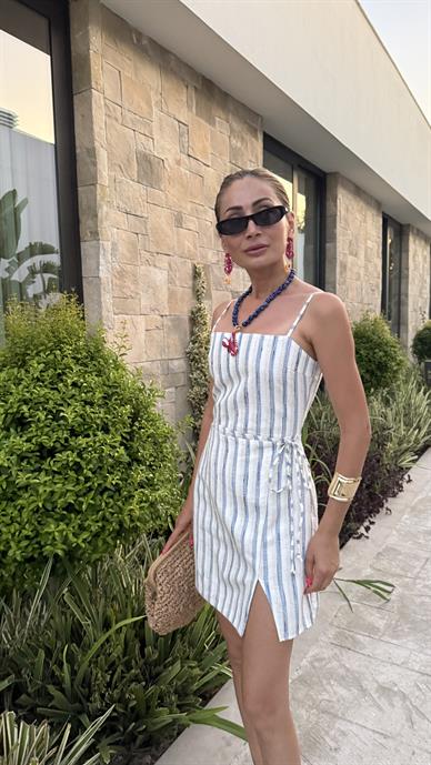 Marin Çizgili Sırtı Lastikli Kısa Elbise