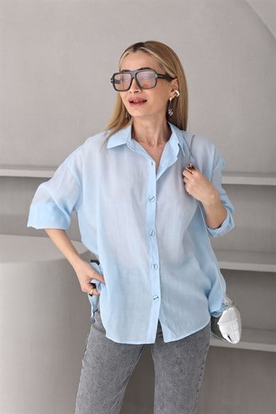 Mavi Arkası Bağlamalı Vual  Gömlek