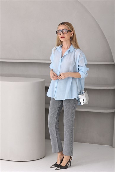 Mavi Arkası Bağlamalı Vual  Gömlek