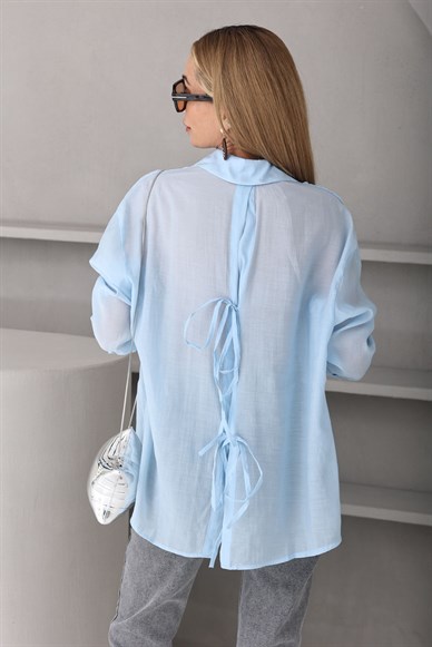 Mavi Arkası Bağlamalı Vual  Gömlek