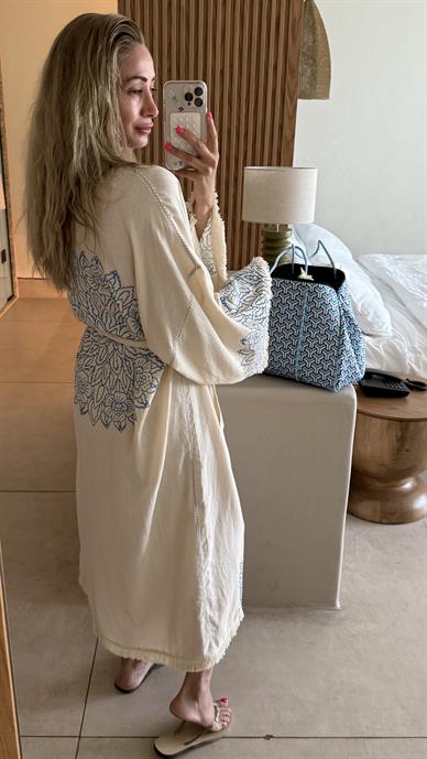 Mavi Baskılı Naturel Kimono