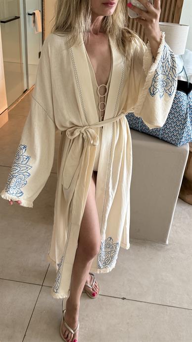 Mavi Baskılı Naturel Kimono