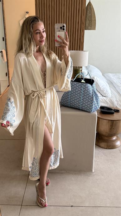 Mavi Baskılı Naturel Kimono