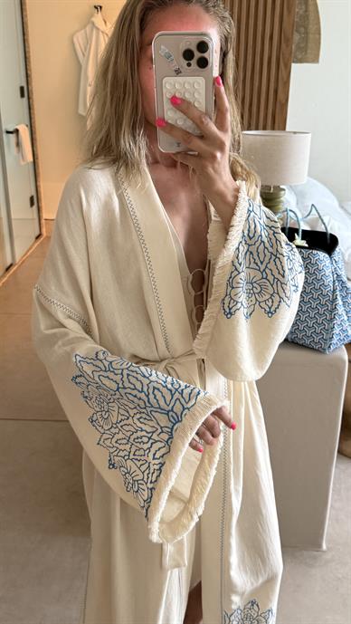 Mavi Baskılı Naturel Kimono