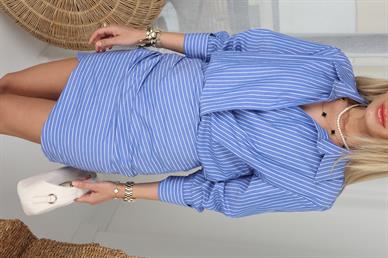 Mavi Çizgili Beli Lastikli Gömlek Elbise