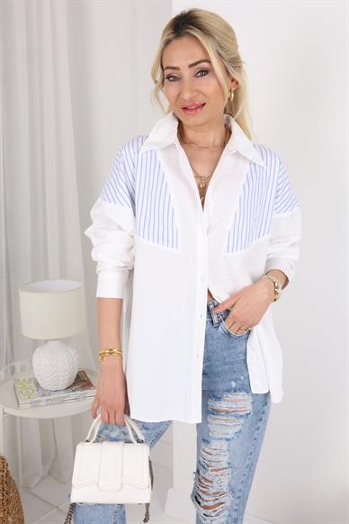Mavi Çizgili Düşük Omuz Oversize Gömlek