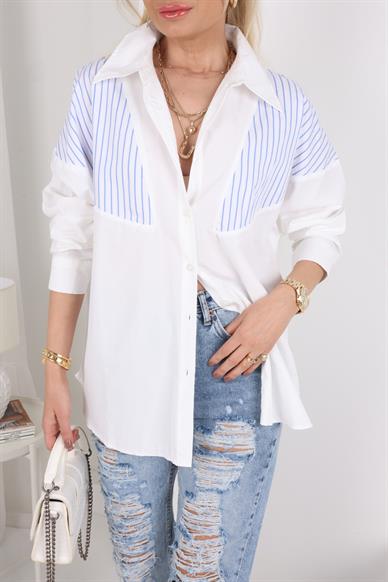Mavi Çizgili Düşük Omuz Oversize Gömlek