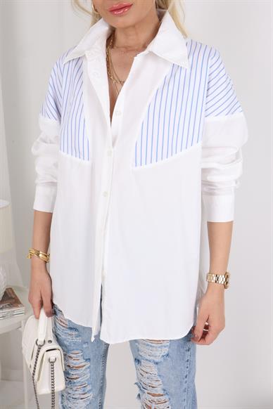 Mavi Çizgili Düşük Omuz Oversize Gömlek