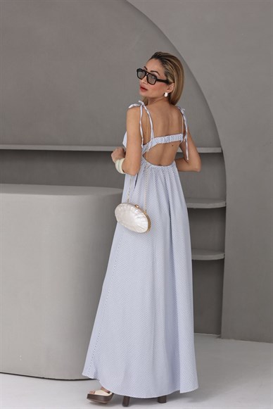 Mavi Çizgili Sırt Dekolteli Keten Elbise