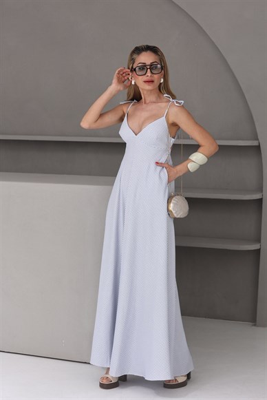 Mavi Çizgili Sırt Dekolteli Keten Elbise