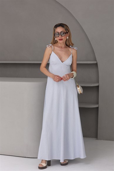 Mavi Çizgili Sırt Dekolteli Keten Elbise