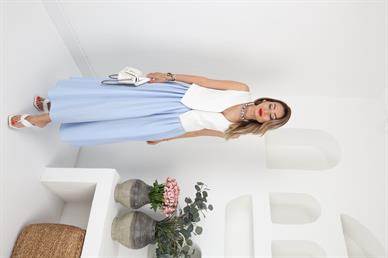 Mavi Önden Yırtmaçlı Pileli Uzun Etek