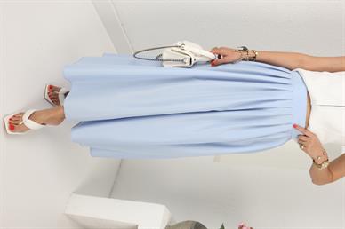 Mavi Önden Yırtmaçlı Pileli Uzun Etek