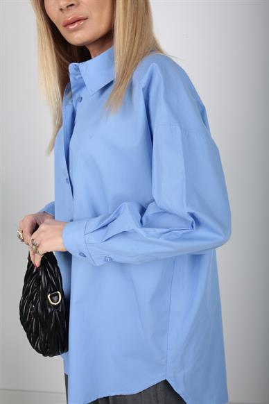 Mavi Oversize Yanı Yırtmaçlı Gömlek