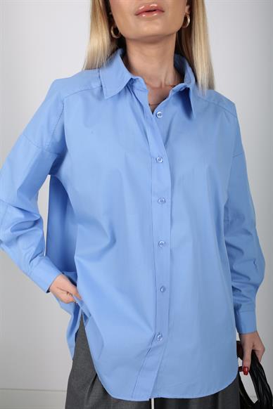 Mavi Oversize Yanı Yırtmaçlı Gömlek