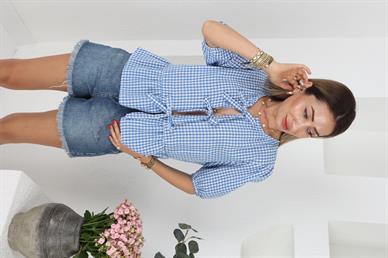 Mavi Pötükare Bağlamalı Bluz