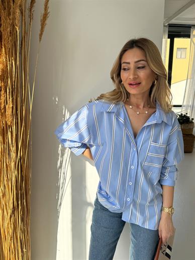 Mavi Siyah Çizgili Oversize Gömlek