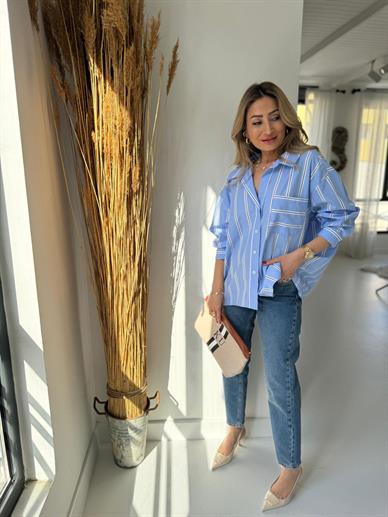 Mavi Siyah Çizgili Oversize Gömlek