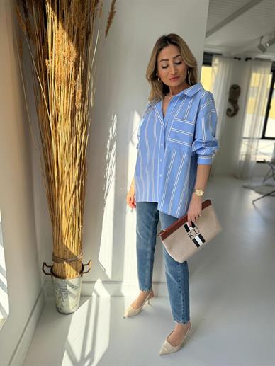Mavi Siyah Çizgili Oversize Gömlek