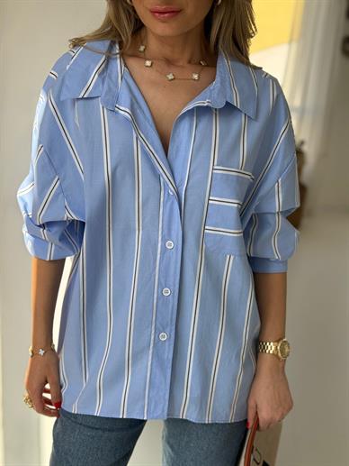 Mavi Siyah Çizgili Oversize Gömlek
