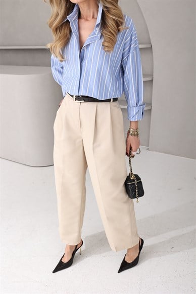 Mavi Siyah çizgili Oversize Gömlek