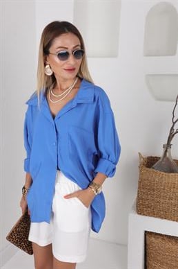 Mavi Tek Cepli Vual Oversize Gömlek