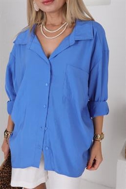 Mavi Tek Cepli Vual Oversize Gömlek