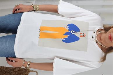 Mavi Turuncu Kadın Baskılı Ekru Tshirt