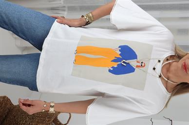 Mavi Turuncu Kadın Baskılı Ekru Tshirt