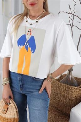 Mavi Turuncu Kadın Baskılı Ekru Tshirt