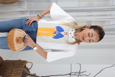 Mavi Turuncu Kadın Baskılı Ekru Tshirt