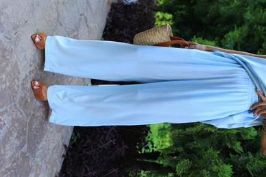 Mavi V Yaka Bluz Pantolon Keten Takım