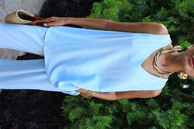 Mavi V Yaka Bluz Pantolon Keten Takım