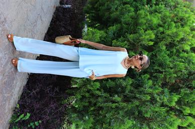 Mavi V Yaka Bluz Pantolon Keten Takım