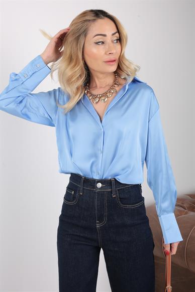 Mavi V Yaka Saten Gömlek