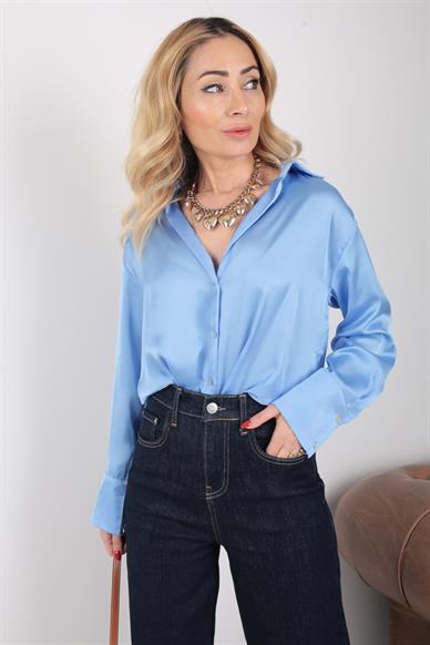 Mavi V Yaka Saten Gömlek