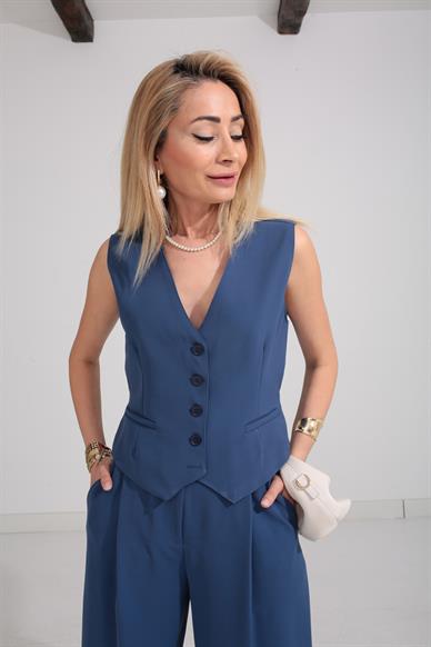 Mavi Yelekli Palazzo Pantolonlu Takım